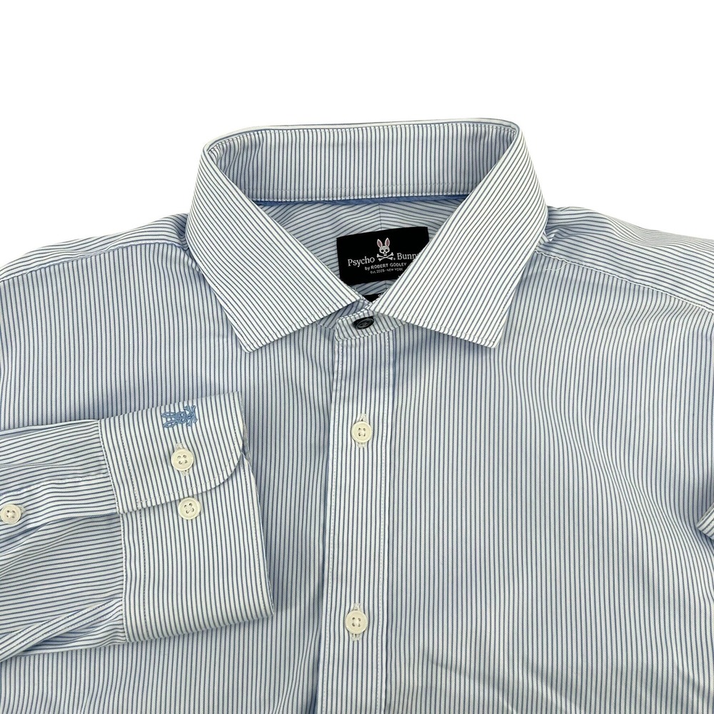 Psycho Bunny Men 16.5 32/33 Modern Fit Stretch Non Iron Striped Dress Shirt Blue